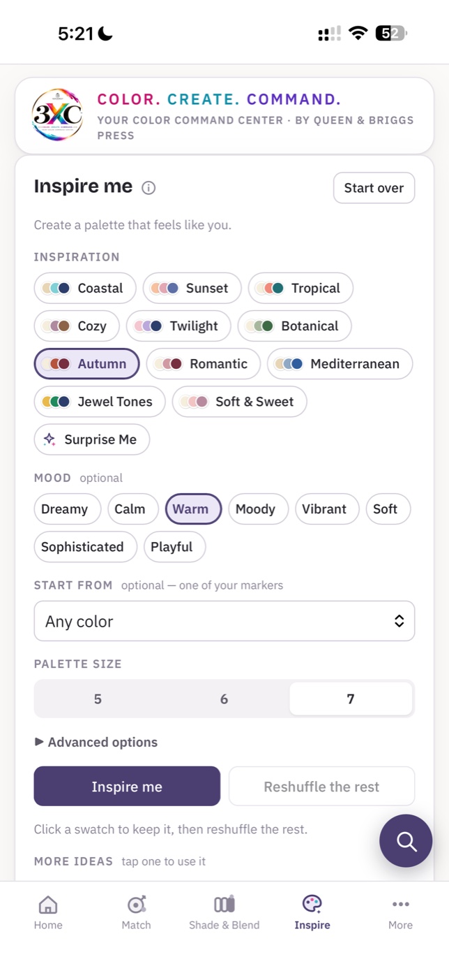 3XC Inspire Me — iPhone screenshot showing palette generator with Autumn inspiration selected and Warm mood, with inspiration chips including Coastal, Sunset, Tropical, Cozy, Twilight, Botanical, Autumn, Romantic, Mediterranean, Jewel Tones, Soft & Sweet
