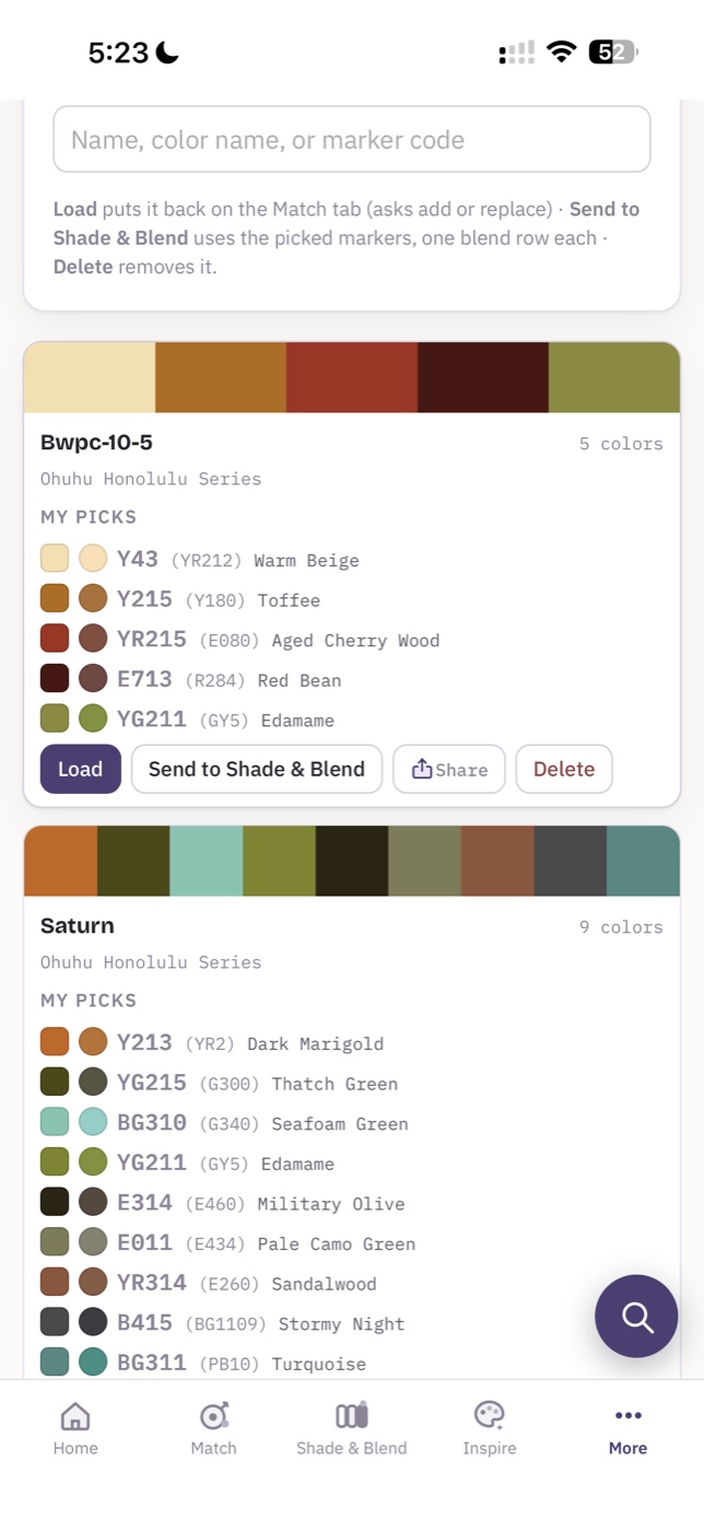 3XC My Palettes — iPhone screenshot showing saved palettes Bwpc-10-5 and Saturn with color strips and marker codes