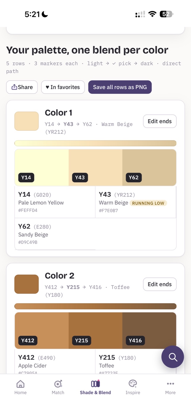 3XC Personal Swatches — iPhone screenshot showing hand-colored swatches library for the most accurate marker color matches