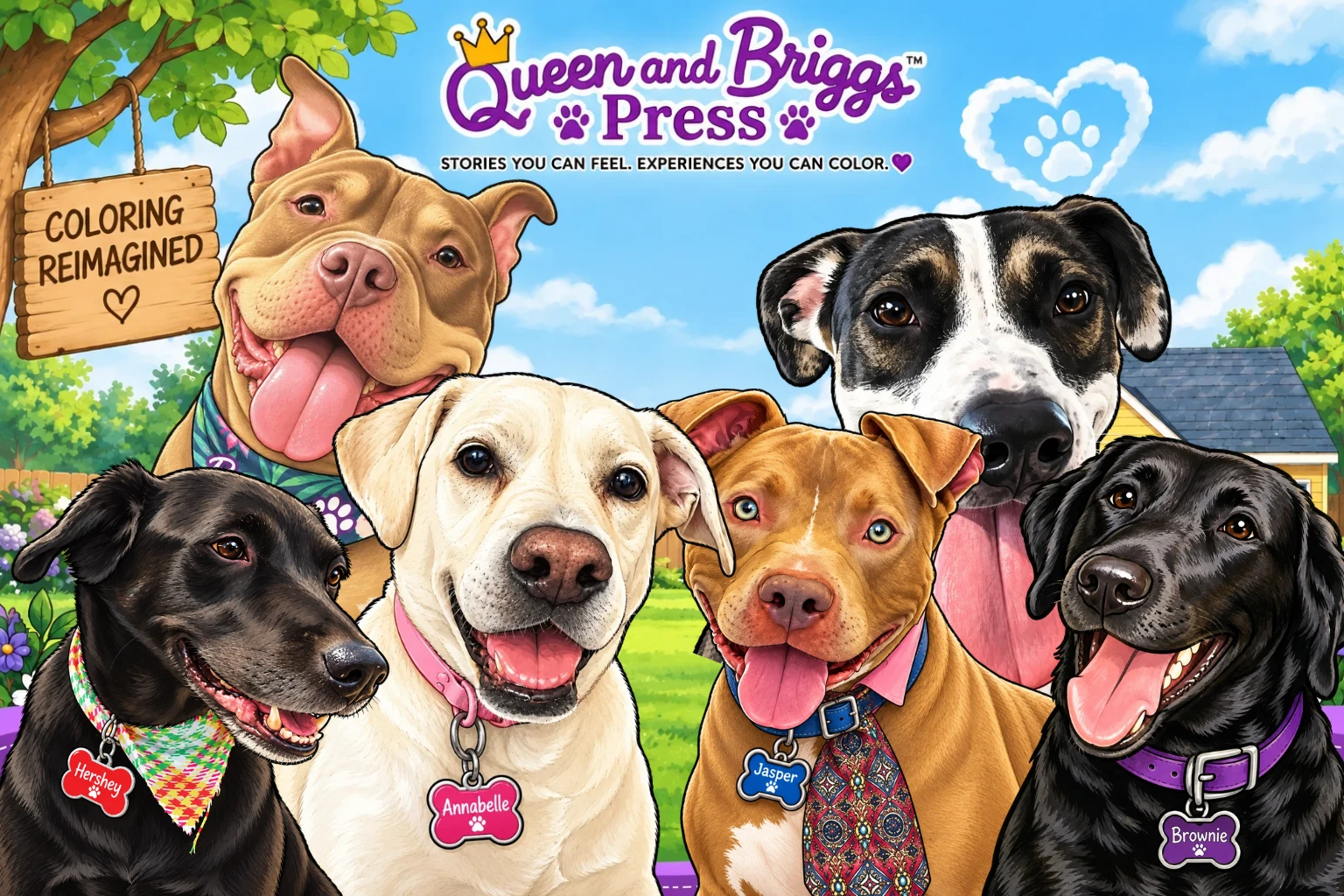 Queen and Briggs Press &mdash; Coloring Reimagined. Stories You Can Feel. Experiences You Can Color. Featuring Hershey, Annabelle, Jasper, Brownie, Bronx, and Gigi.